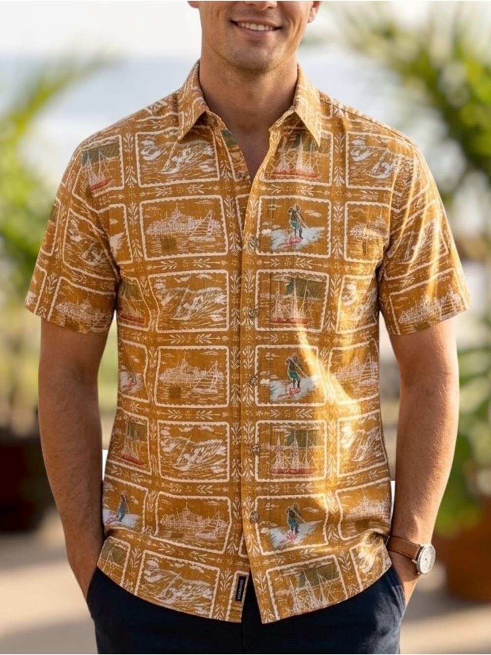 Reyn Spooner Aloha Shirt Hawaiia surfing sailing novelty print mustard Yellow S